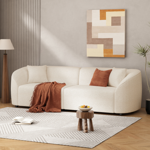 Beige + Boucle + Solid Wood + 3 Seat