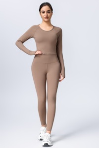 2 Piece Yoga Set Scoop Neck Long Sleeve High Waist Full Length Leggings Solid Color Seamless Spandex Polyester - Product Image 3