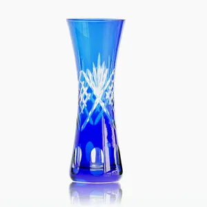 Unieke Hand Gesneden Japanse Stijl Blauwe Kleine Bloem Vaas Crystal Clear Blue Glazen Vaas Voor Thuis Office Decor