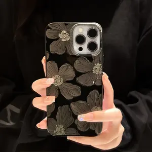 French Retro Cool Black Oil Painting Flower Phone Case For IPhone 15 14 13 11 12 Pro Max 15 14 Plus Xr Xs Max Case Cute Cover