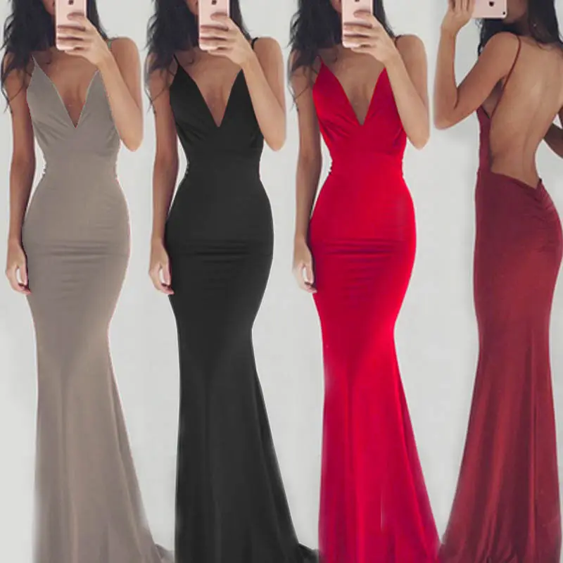 Sexy black V-Neck Lady Strapless Slim Body Plain Dye formal evening dresses for women