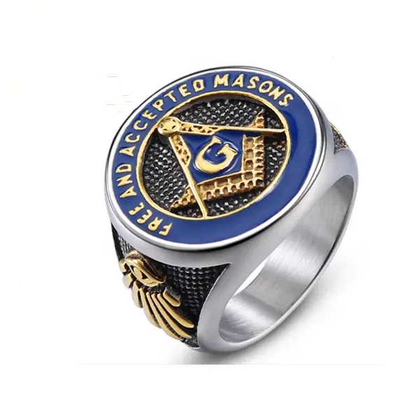 Bomei Fashion Jewelry New Stainless Steel Vintage Style Blue Plating Freemasonry Masonic Championship Ring For Men