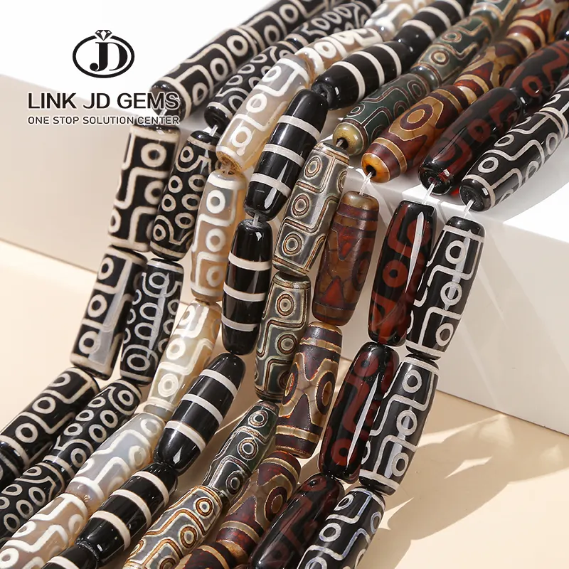 JD 10*28-30mm Semi Precious Multicolor Choice 3/9/15 Eyes Tibetan Dzi Agate Long Barrel Shape Loose Beads for Jewelry Making