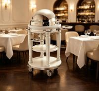 Rollbarer Servierwagen mit Weißem Spiegelstahl und Holzgestell, Runder Buffet-Servierwagen für Hotel und Restaurant mit Rädern