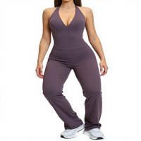 Atmungsaktives Einfarbiges Gebürstetes Micro-Rippen-Spandex/Nylon Yoga-Set mit Neckholder-Ausschnitt, 2-teilige Sport-Fitnesskleidung, Auf Lager