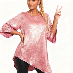 Nouveau T-shirt pour femme grande taille, coupe ample, col rond, manches trois-quarts, ourlet asymétrique, tendance - Product Image 2