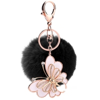 Porte-clés pompon en peluche, pompon de 7cm, rose clair, style papillon, accessoire, boule
