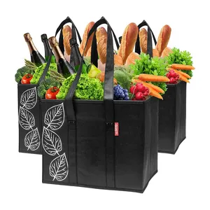 Eco friendly Portability foldable supermarket Shopping Lunch picnic Snack vegetable black sewn non-woven fabric bag