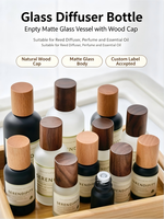 Flacon diffuseur en verre noir mat avec couvercle en bois naturel, étiquette personnalisée, forme cylindrique, impression sérigraphique, huile essentielle, cosmétique
