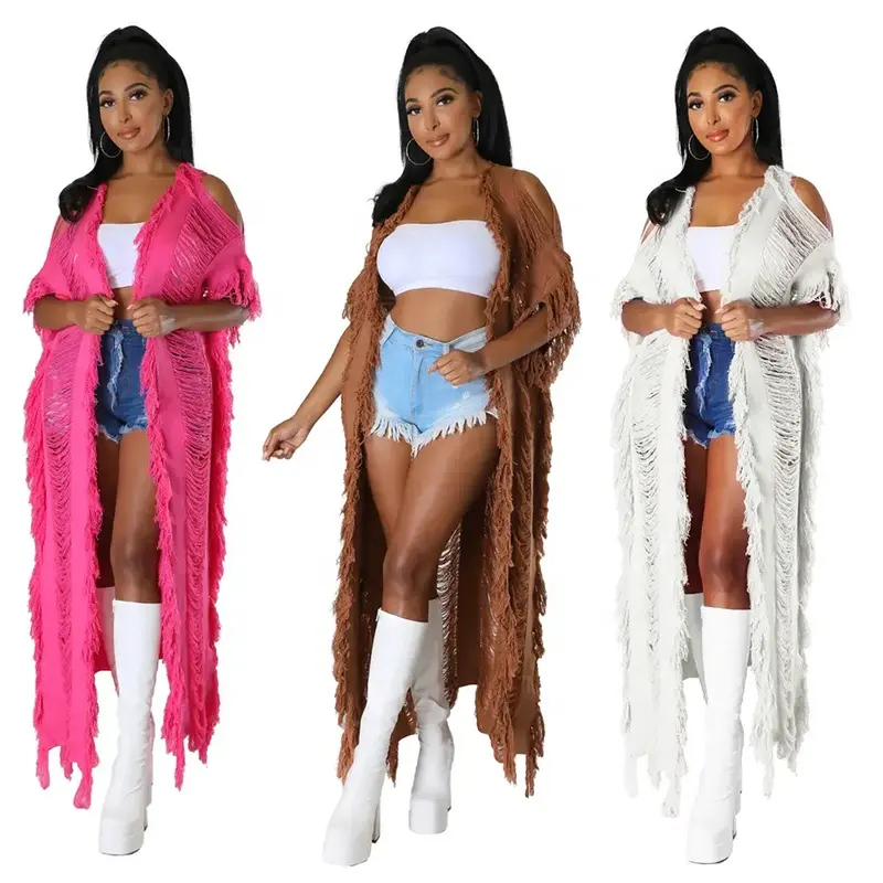 European And American Spring/ Autumn Hot Sale Women's Fashion Hollow Out Tassels Long Cardigan Coat Knitted Long Coat