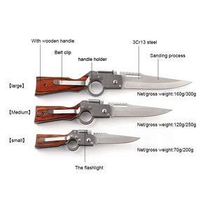 Hot Sale OEM Custom DIY Mini <b>LED</b> <b>Flashlight</b> Light Stainless Steel Blade EDC Folding Pocket Wood Handle Outdoor Survival Knife - Product Image 2
