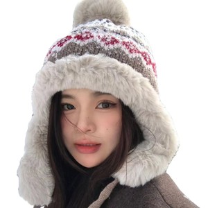 Gorro de punto estilo coreano con orejeras, gorro de invierno cálido a prueba de viento para mujer, rojo, negro, gris, beige, plegable, con patrón de diamantes - Product Image 5