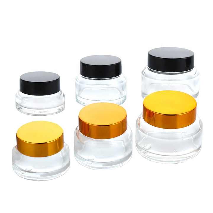 In Stock 15ml 30ml 50ml 100ml Slant Shoulder Clear Glass Face Cream Jars With Gold Cap (GJM07)