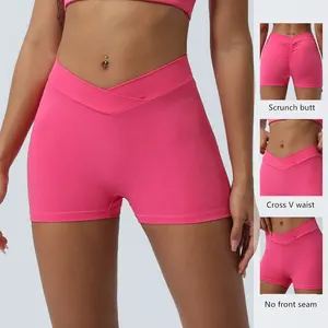 Pantaloncini da ginnastica 25% in Nylon Spandex di colore rosa con taglio trasversale a V in vita Push up pantaloncini da corsa da motociclista modello solido per adulti