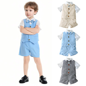 Ensemble 3 pièces pour bébé garçon : costume de gentleman avec nœud papillon, chemise blanche, <span class=keywords><strong>gilet</strong></span> et pantalon rayé – Tenue de cérémonie pour anniversaire, mariage, fête d'enfants - Product Image 1