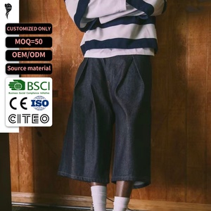 Pantalones Cortos de Mezclilla para Hombre, Estilo Urbano, Ultra Holgados, Plisados, de Cintura Alta, Pierna Ancha, Capri, en Mezclilla Oscura - Product Image 1
