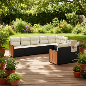 Ensemble de canapés de jardin en rotin noir 7 places, mobilier de patio extérieur moderne avec coussins crème et accents en bois - Product Image 2