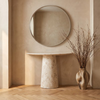 Table console demi-lune de luxe en marbre travertin naturel imperméable avec piétement en mosaïque pour villa, appartement, salle à manger, entrée