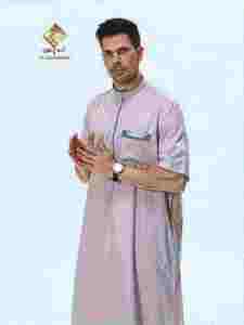 Al Haramain <b>Men</b> <b>Thobe</b> Short Sleeve Stand Collar Cotton Floor Length Prayer Wear Solid Color Casual Middle East Style - Product Image 3