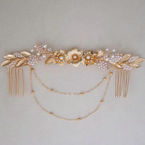 Peigne à cheveux <span class=keywords><strong>vintage</strong></span> en métal plaqué or avec feuille de cuivre et fleur, orné de cristaux, pour mariée, <span class=keywords><strong>mariage</strong></span>, anniversaire, accessoire de coiffure tendance pour <span class=keywords><strong>chignon</strong></span> - Product Image 1