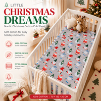 Drap plat de Noël nordique gris clair avec imprimé Père Noël et bonhomme de neige, 100 % coton, 200 fils, drap de lit doux pour bébé pour chambre d'enfant
