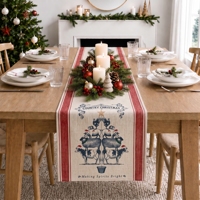 Chemin de table rustique à rayures rouges avec animaux de la ferme pour Noël, idéal pour la cuisine et la salle à manger, vente en gros, décoration de fêtes