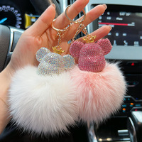 Porte-clés Ours Scintillant Orné de Diamants, Pompon Doux et Moelleux, Animal en Cristal