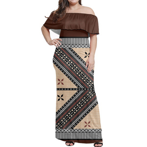 Venta al por mayor marrón fuera del hombro vestido con volantes Tapa diseño de flores Midi vestidos de mujer Polynesian Tribal Bodycon vestido - Product Image 1