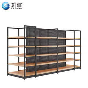 Sistema di Scaffalature Gondola Bifacciale in Ferro e Legno per Carichi Pesanti, Espositore Durevole Anticorrosione per Supermercati e Negozi di Alimentari - Product Image 2