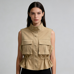 Manteau <span class=keywords><strong>trench</strong></span> <span class=keywords><strong>kaki</strong></span> à col montant avec poches grande capacité, coupe-vent, <span class=keywords><strong>sans</strong></span> manches - Product Image 1