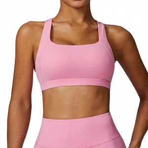 Pink Scoop Neck Sports <b>Bra</b> Medium Support Yoga Activewear <b>Spaghetti</b> <b>Strap</b> Breathable Fitness Sports <b>Bra</b> For Girls - Product Image 1