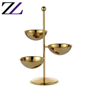 Cafeteria tabletop round gold 3 tier food tray catering buffet plate cupcake snack 3 tier metal hanging multilevel cake stand