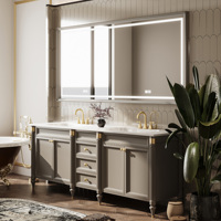 Meuble-lavabo rétro français avec double vasque, 60-92 pouces, en bois massif, autoportant, avec miroir LED intelligent et armoire