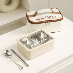 Juego de Lonchera de Acero Inoxidable con Bolsa y Utensilios, Tapa de Vidrio con Orificios de Ventilación, Lonchera Bento de Grado Alimenticio - Product Image 2