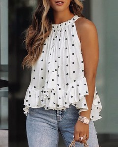 Blus cetakan kasual leher Halter wanita, atasan berkerut tanpa lengan longgar musim panas untuk perempuan - Product Image 1