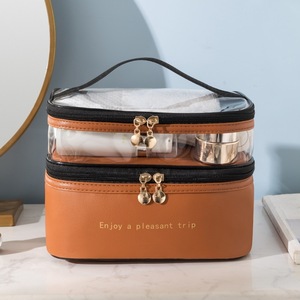 HANFEIZI Wholesale PU Leather Cosmetic Bag Transparent Double Layer Make up Bag Women Travel Portable Wash Bag - Product Image 5