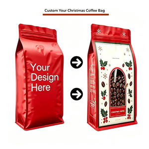 Sachet Doypack Personnalisé pour Café de Noël, Rouge avec Motif Aiguilles de Noël, Fermeture Éclair, Qualité Alimentaire, BOPP Stratifié, Impression Numérique - Product Image 1