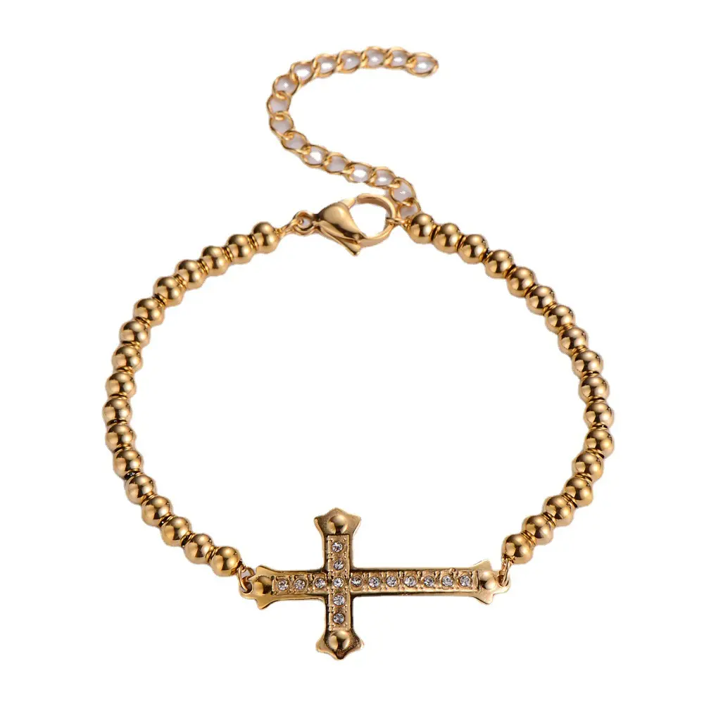 Mode Luxe Rvs Kralen Ketting Schakel Christ Crucifix Kruis Zirkoon Bedelarmband Sieraden Voor Vrouwen