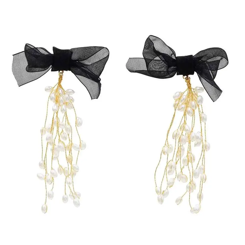 Long Tassel Pearl Dangle Earrings Bridal Wedding Charm Hanging Party Jewelry Black Elegant Bow