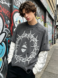 Camiseta de Algodón de 320 g/m² con Lavado Ácido y Efecto Desgastado, Camiseta Cuadrada Personalizada con Serigrafía para <span class=keywords><strong>Hombre</strong></span>, Camiseta Vintage de <span class=keywords><strong>Manga</strong></span> <span class=keywords><strong>Larga</strong></span> de Doble Capa - Product Image 3