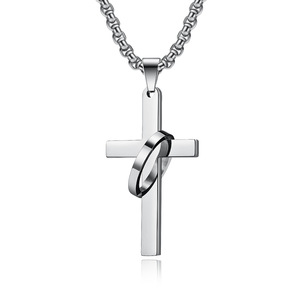 Men's Stainless Steel Cross <b>Necklace</b> With <b>Ring</b> Pendant Hip Hop Style Gift Jewelry - Product Image 5