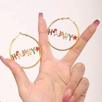 Parure de bijoux de Noël en acier inoxydable émaillé avec zircon et lettres HAPPY, collier, bracelet et boucles d'oreilles créoles pour femme, cadeau de fêtes