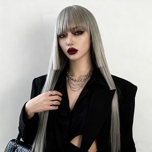 Perruque synthétique UMS Hot Sale grise, <span class=keywords><strong>coupe</strong></span> Hime, lisse, avec <span class=keywords><strong>frange</strong></span> complète, entièrement fabriquée à la machine, double trame, perruques tendance - Product Image 2