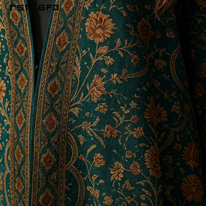 Abaya Kimono Islamique de Luxe Vintage pour Femme, Bleu Turquoise, Jacquard Brodé, Motif Floral Doré, Manches Chauve-Souris Longues, Modeste, à Col Ouvert - Product Image 3