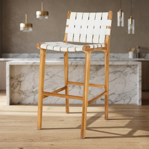 Tabouret de bar moderne en bois avec assise et dossier en similicuir tressé blanc, design scandinave pour l'ameublement de la maison - Product Image 1