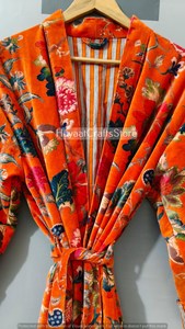 Orange Floral Printed Velvet Kimono Robe Women's Long Sleeve Wrap Bathrobe Autumn Winter Dressing Gown - Product Image 4