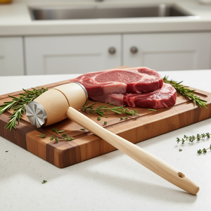 Maillet en bois pour attendrir la viande avec extrémités en acier inoxydable pour usage en cuisine - Product Image 3