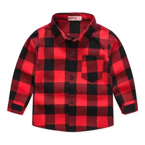 Классическая клетчатая осенне-зимняя рубашка с длинным рукавом и лацканами для мальчиков Повседневная рубашка с карманами