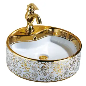 豪华wc圆形柜台顶部梳妆台水龙头盆洗陶瓷金色浴室水槽