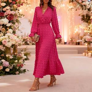 فستان نسائي أنيق عصري بحافة مكشكشة على شكل حرف A-line فستان طويل الأكمام برقبة V لطيف سويسري منقط عالي الخصر فستان غير رسمي لجميع الفصول - Product Image 1